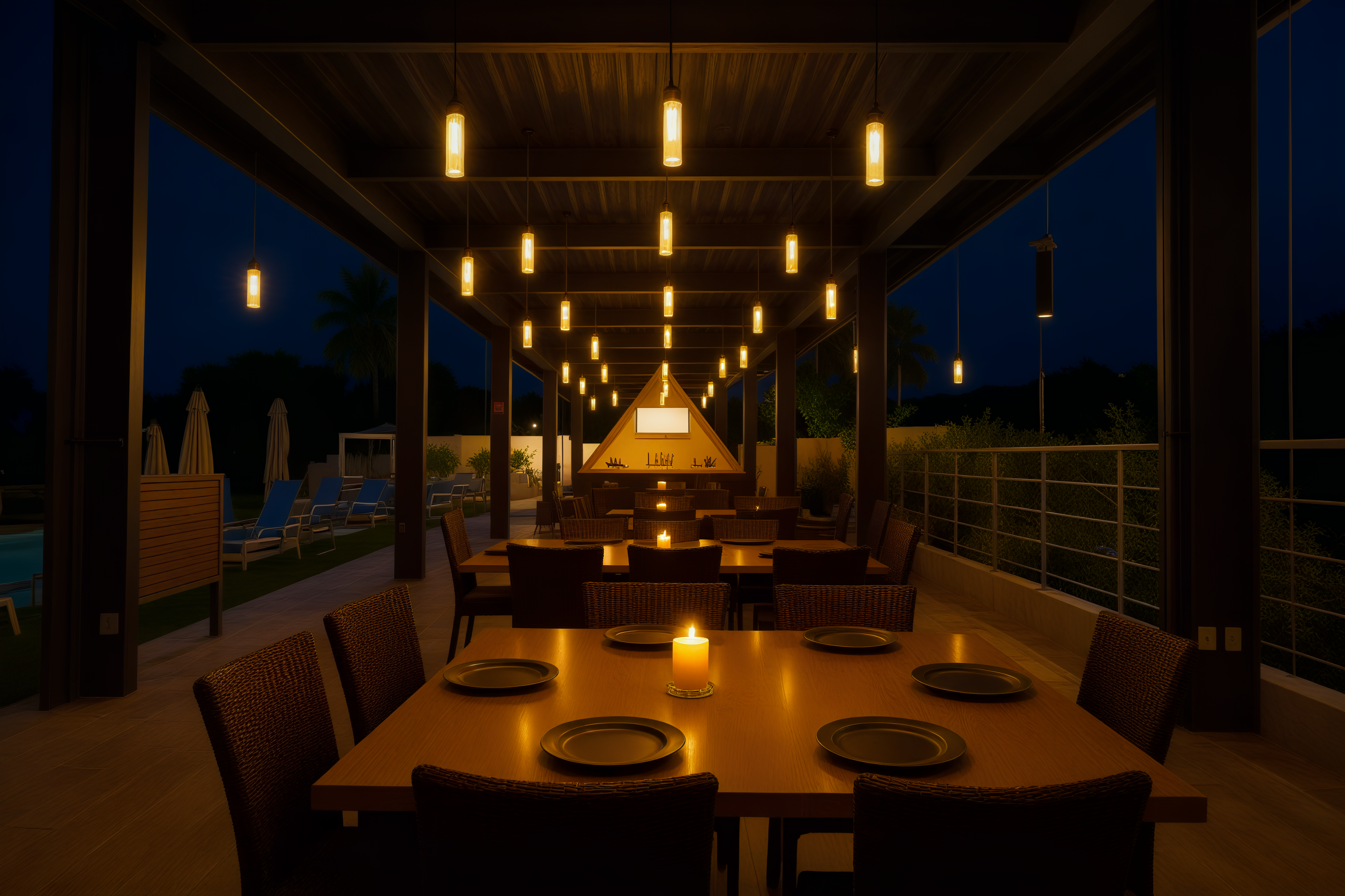 VLU Mission - Restaurante nocturno con iluminación cálida y ambiente elegante