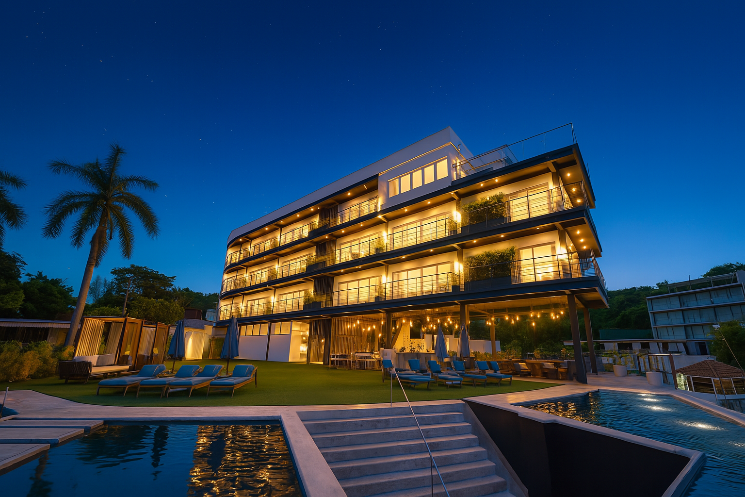 VLU Vision - Hotel iluminado de noche con piscina y ambiente nocturno elegante