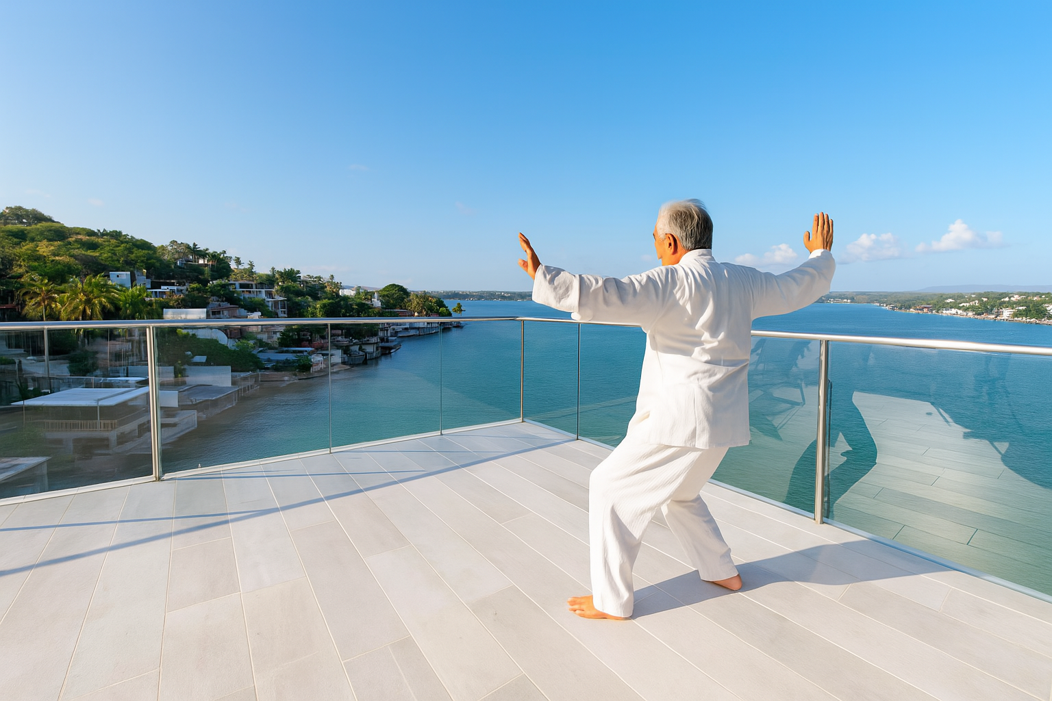 Persona practicando tai chi en terraza con vista panorámica al lago al amanecer